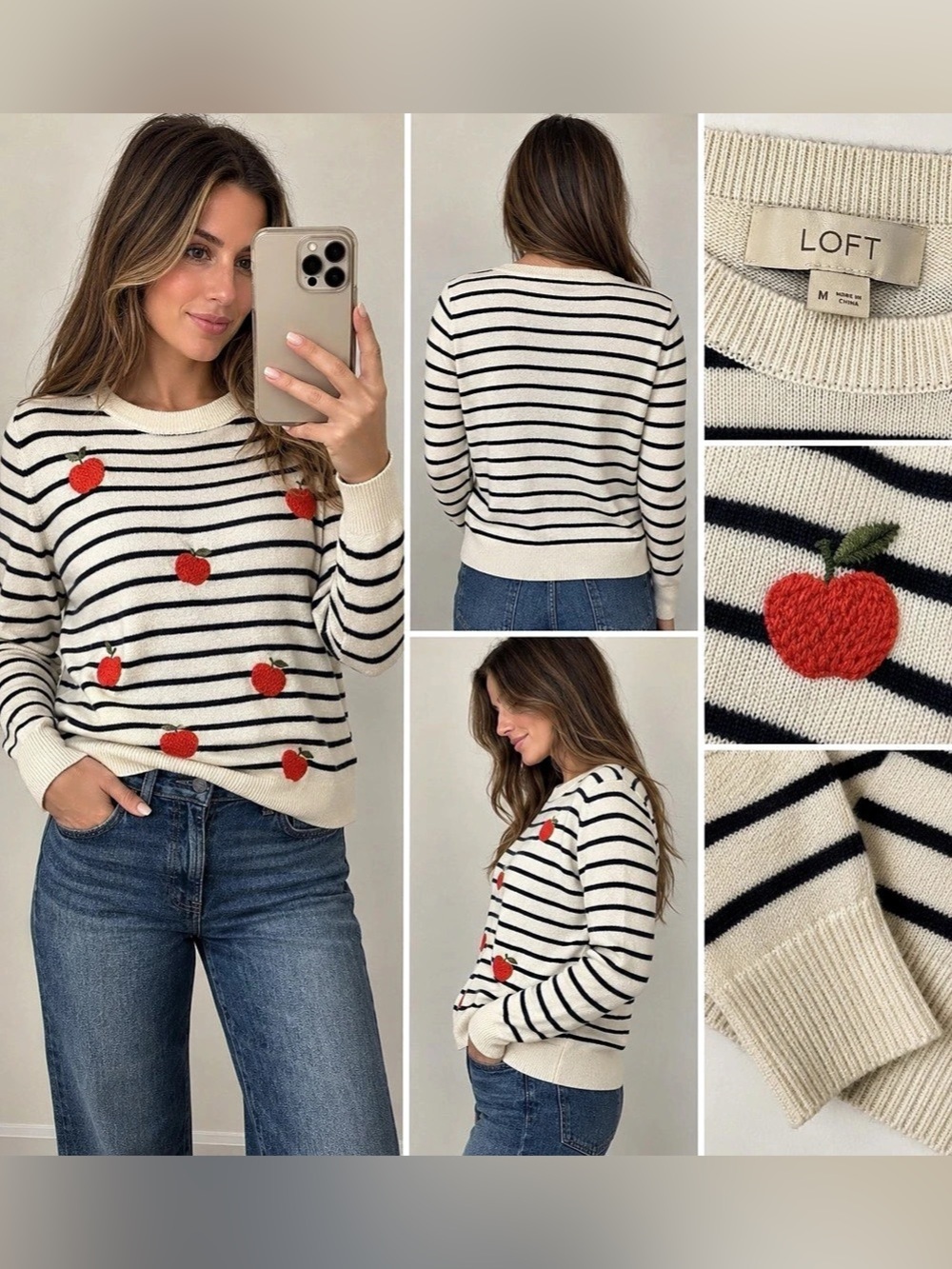 LOFT Striped Apple Embroidered Sweater Women’s Medium Wool Blend Preppy